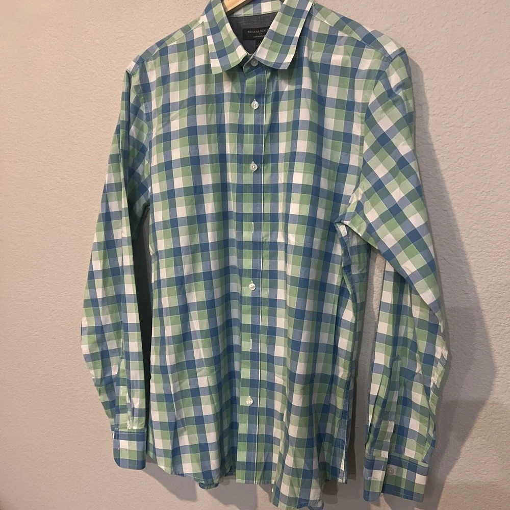 Banana Republic Mens Slim Fit L/S Button Dress Shirt LARGE BLUE Plaid